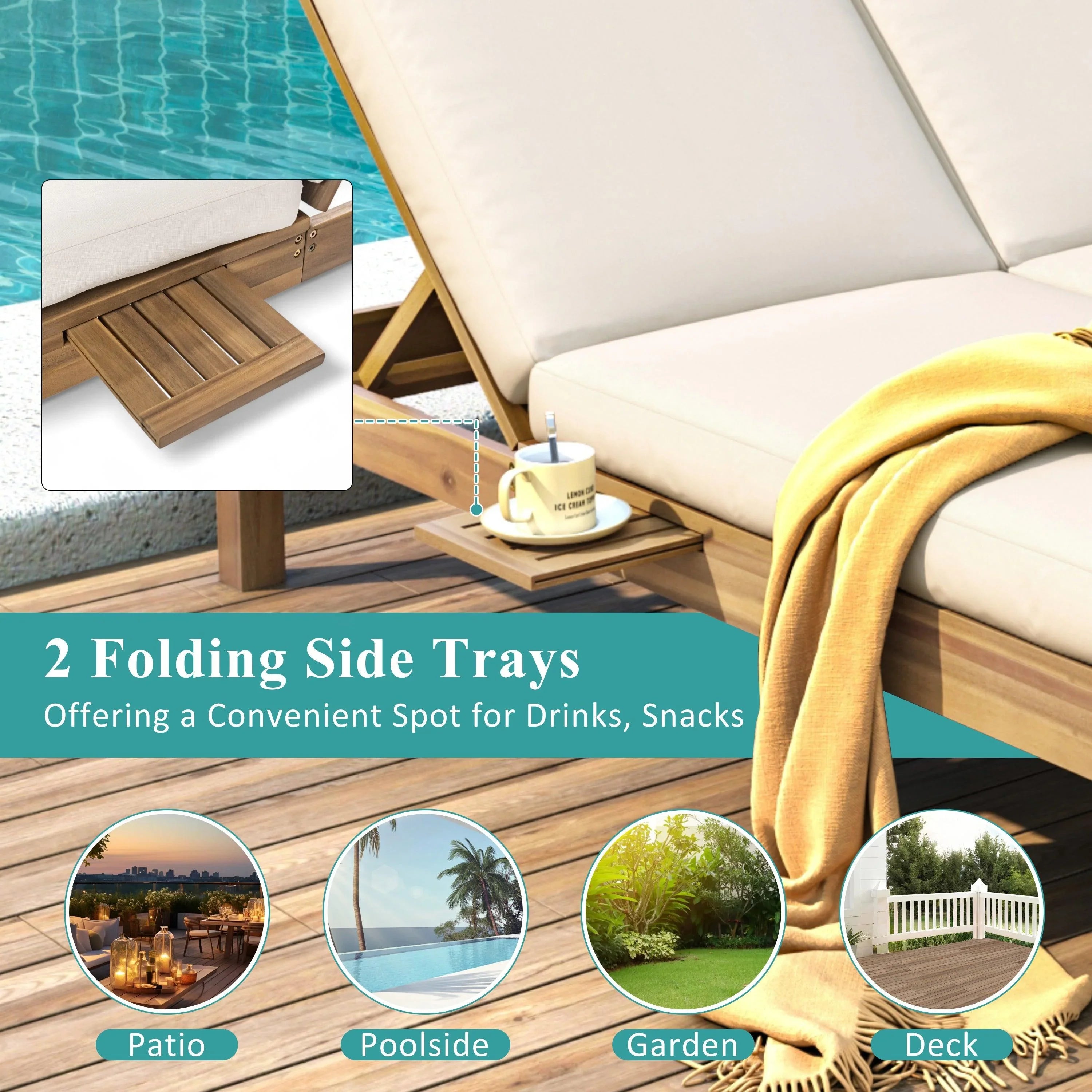 5-Position Adjustable Backrest Outdoor Chaise Lounge Daybed with Cushion and Folding Side Trays for 2 People, Poolside Garden