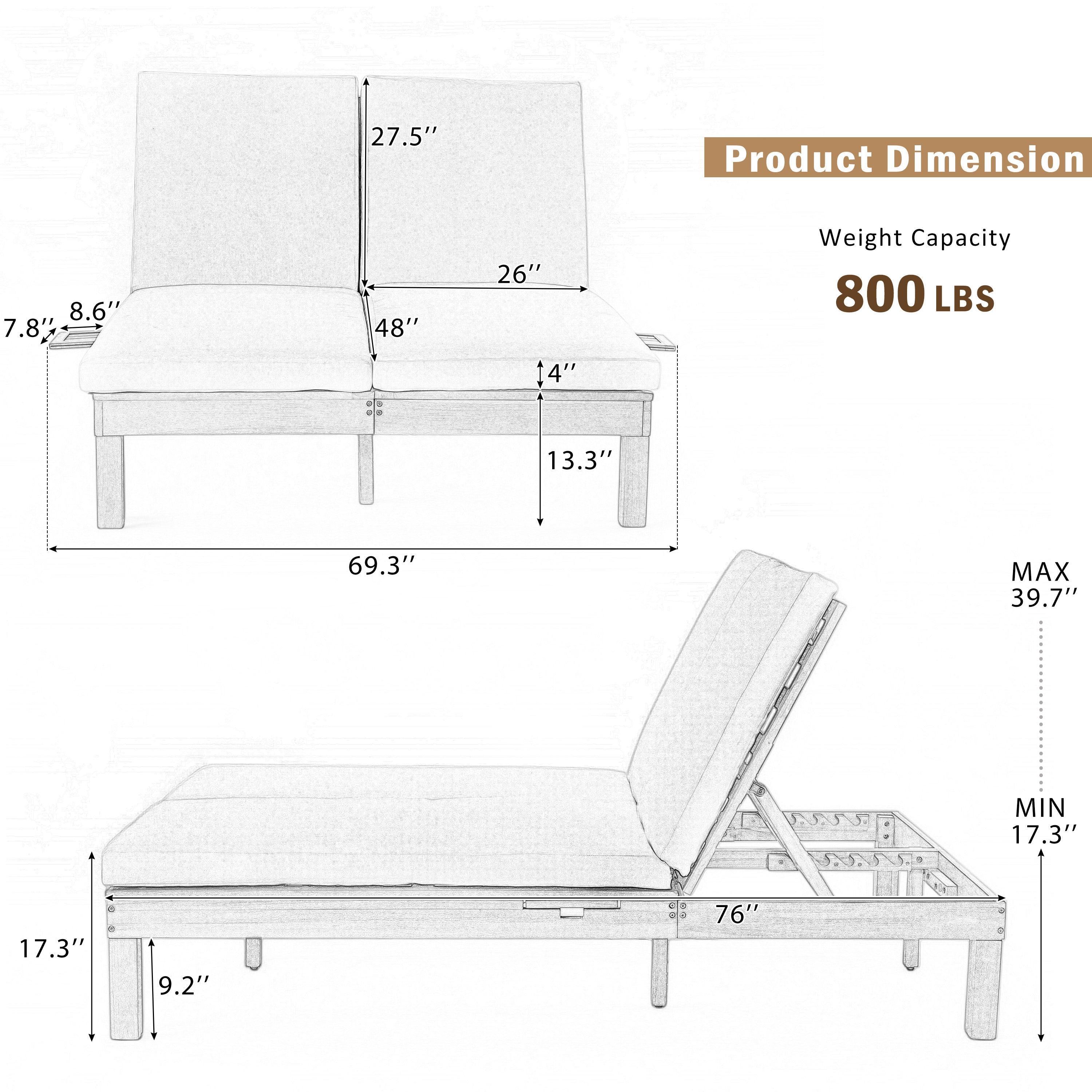 5-Position Adjustable Backrest Outdoor Chaise Lounge Daybed with Cushion and Folding Side Trays for 2 People, Poolside Garden