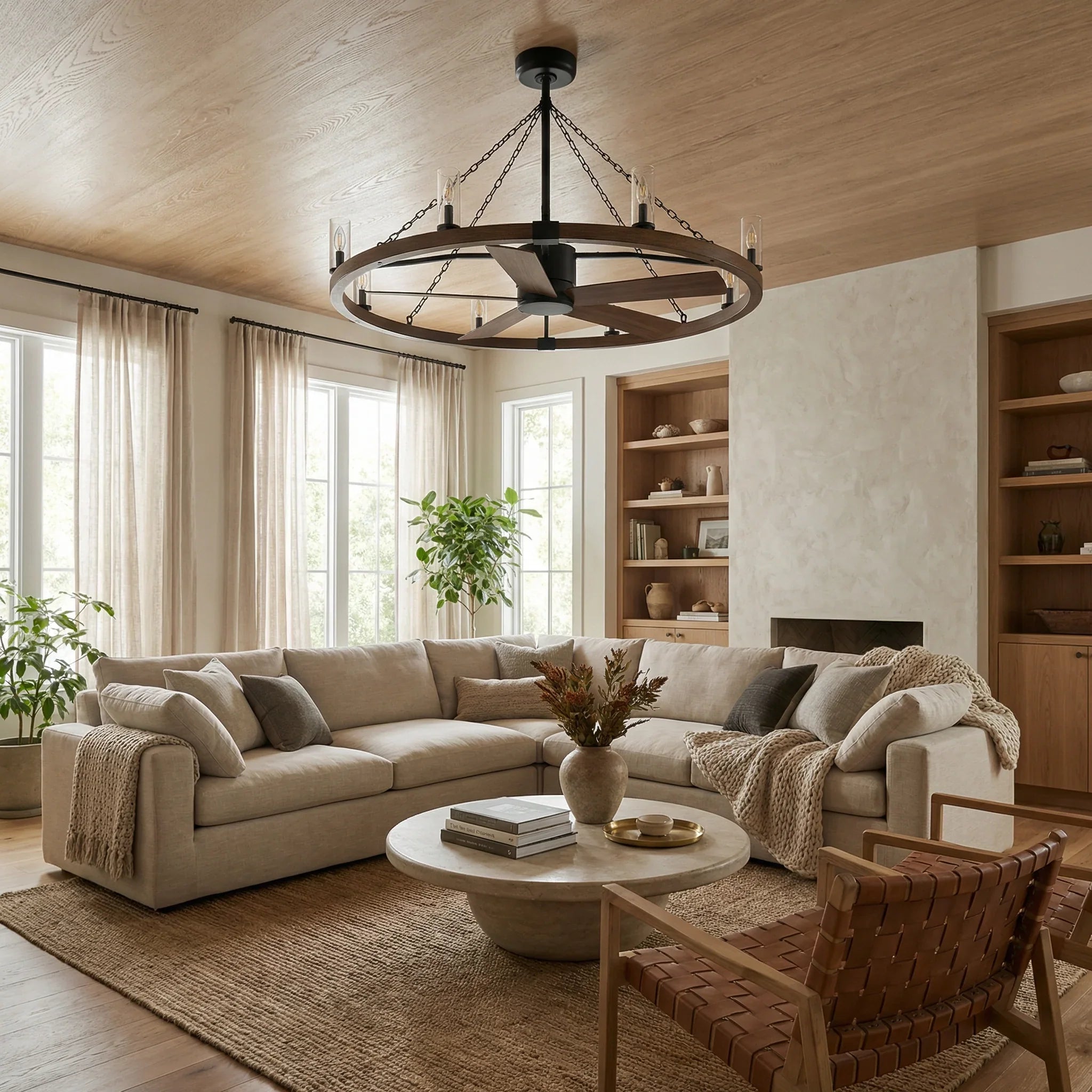 Cozy living room with a sectional sofa, coffee table, and chandelier.