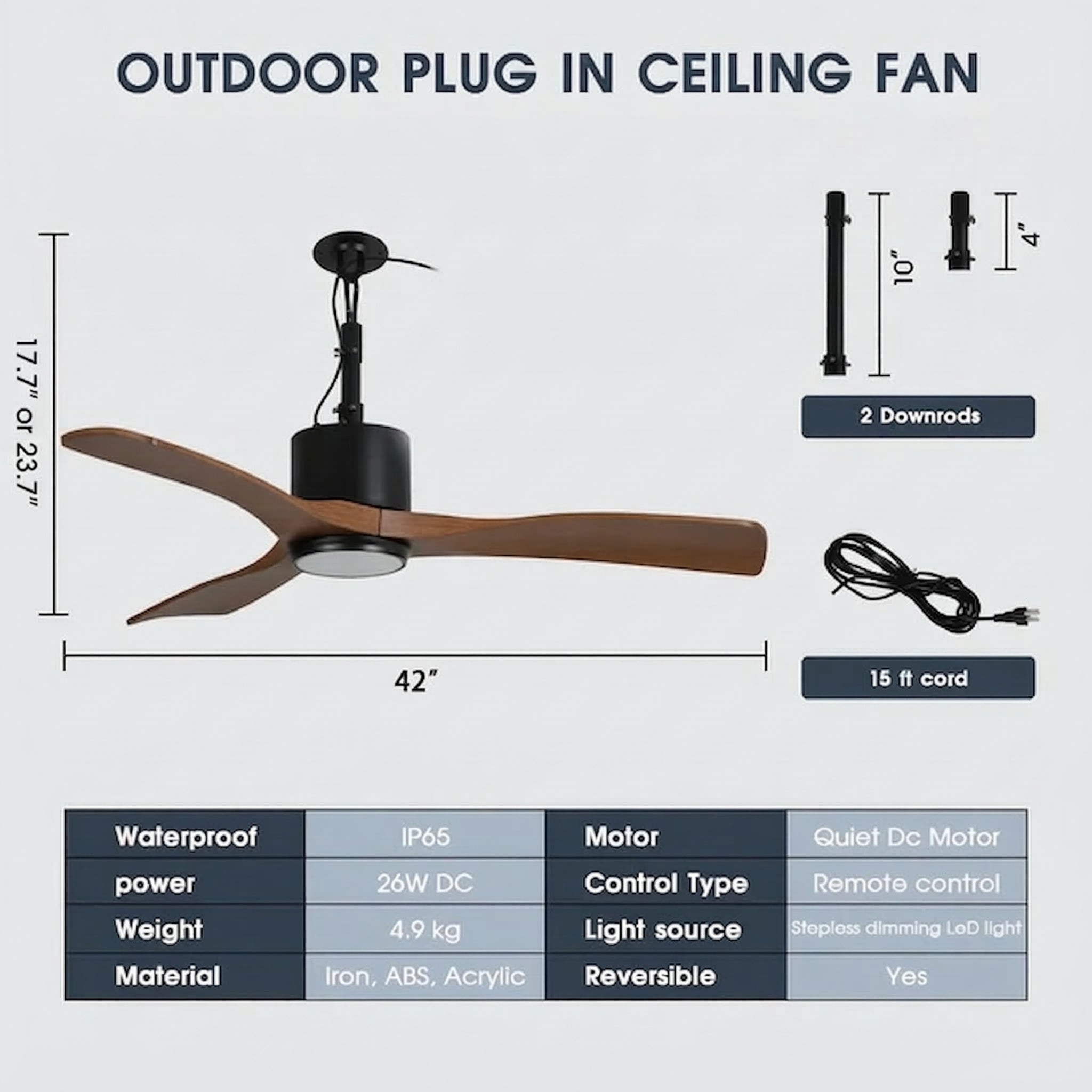 42 Inch Patio Guard IP65 Outdoor DC Motor Black Modern Hanging Buckle Downrod Ceiling Fan with Light