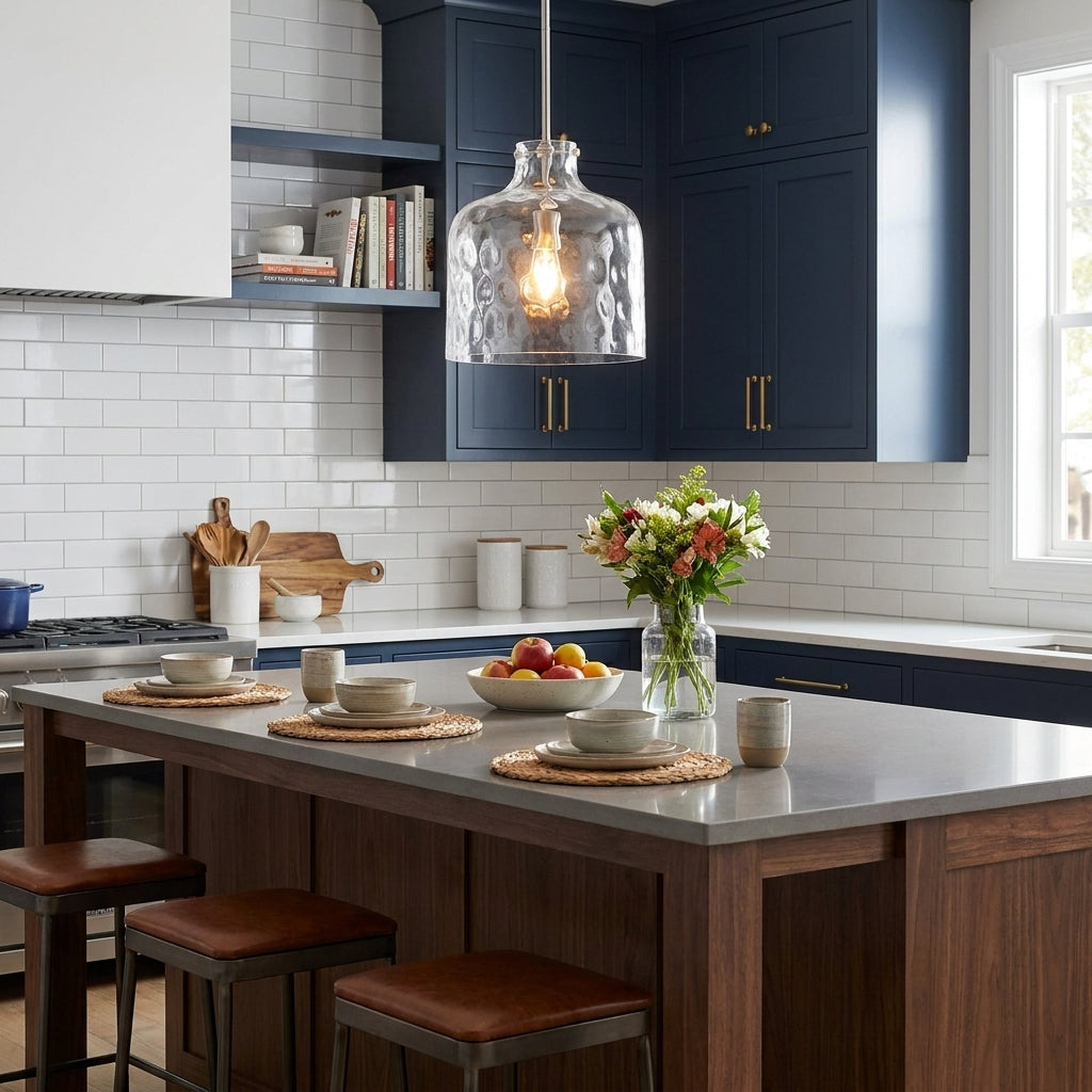 Kara Farmhouse 1-Light Textured Glass Nickel Island Pendant Light
