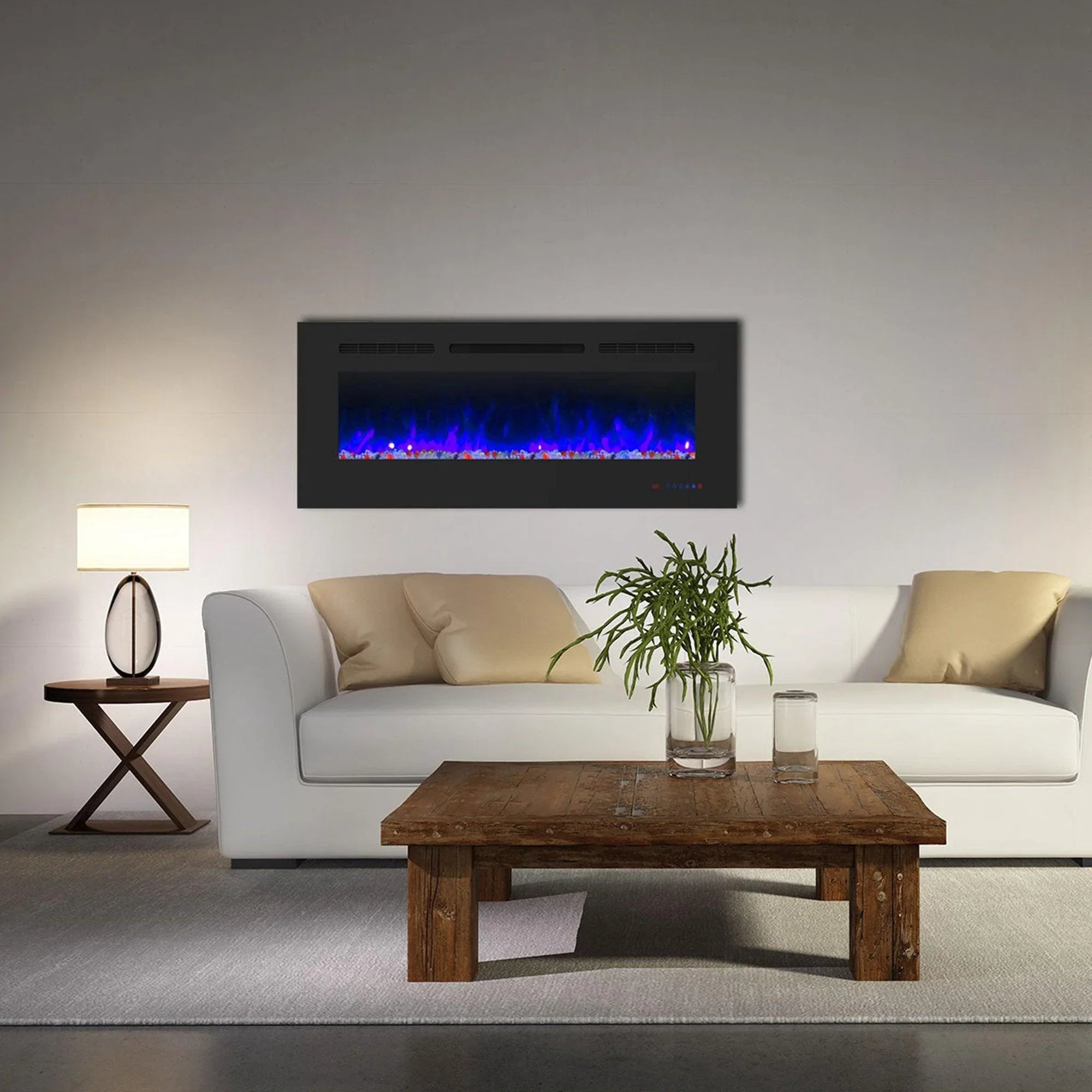 Wall Electric Fireplace with Remote Control and Touch Screen in 13 Flame Colors and Base Lights - ParrotUncle