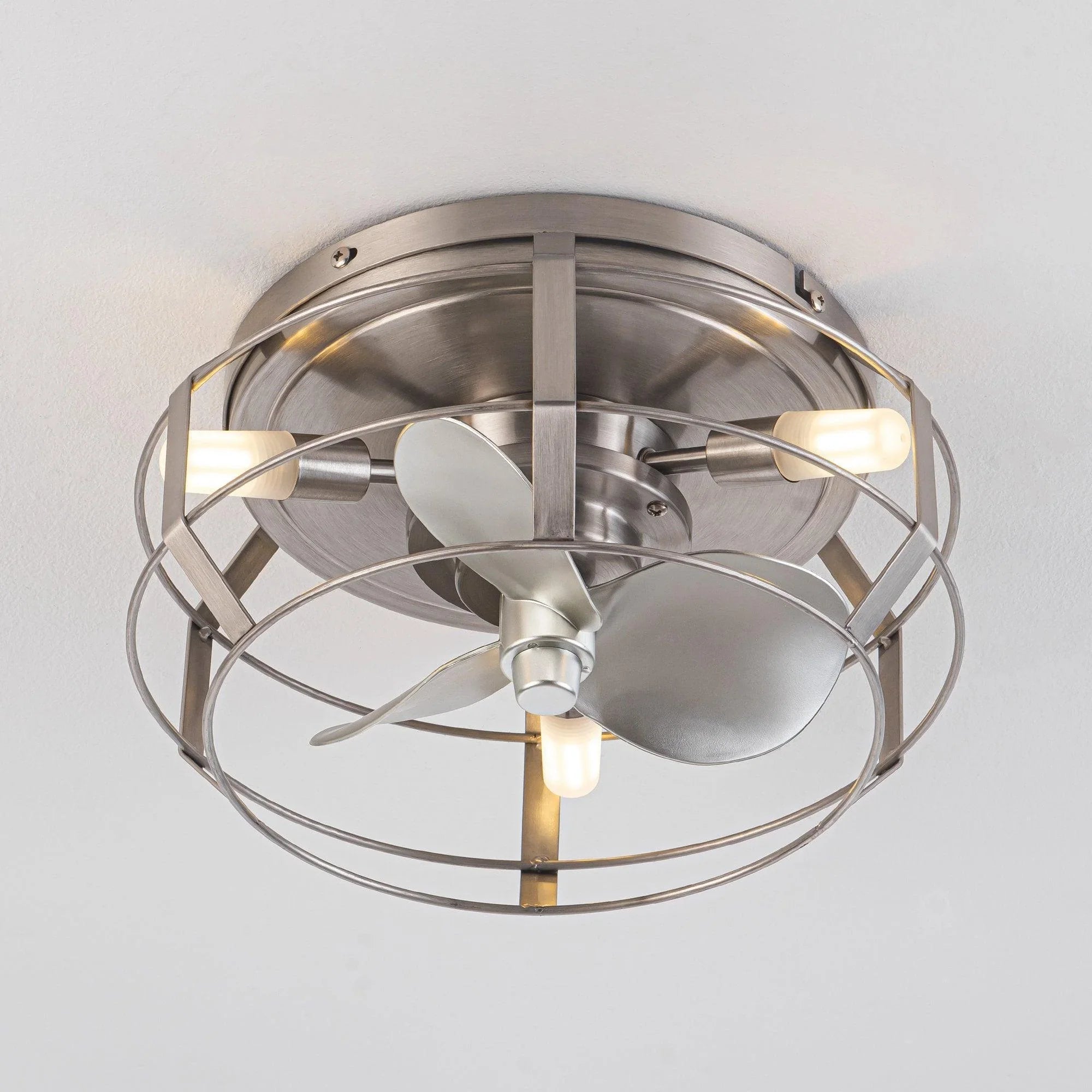 12" Industrial DC Motor Satin Nickel Flush Mount Reversible Iron Ceiling Fan with Lighting and Remote Control - ParrotUncle