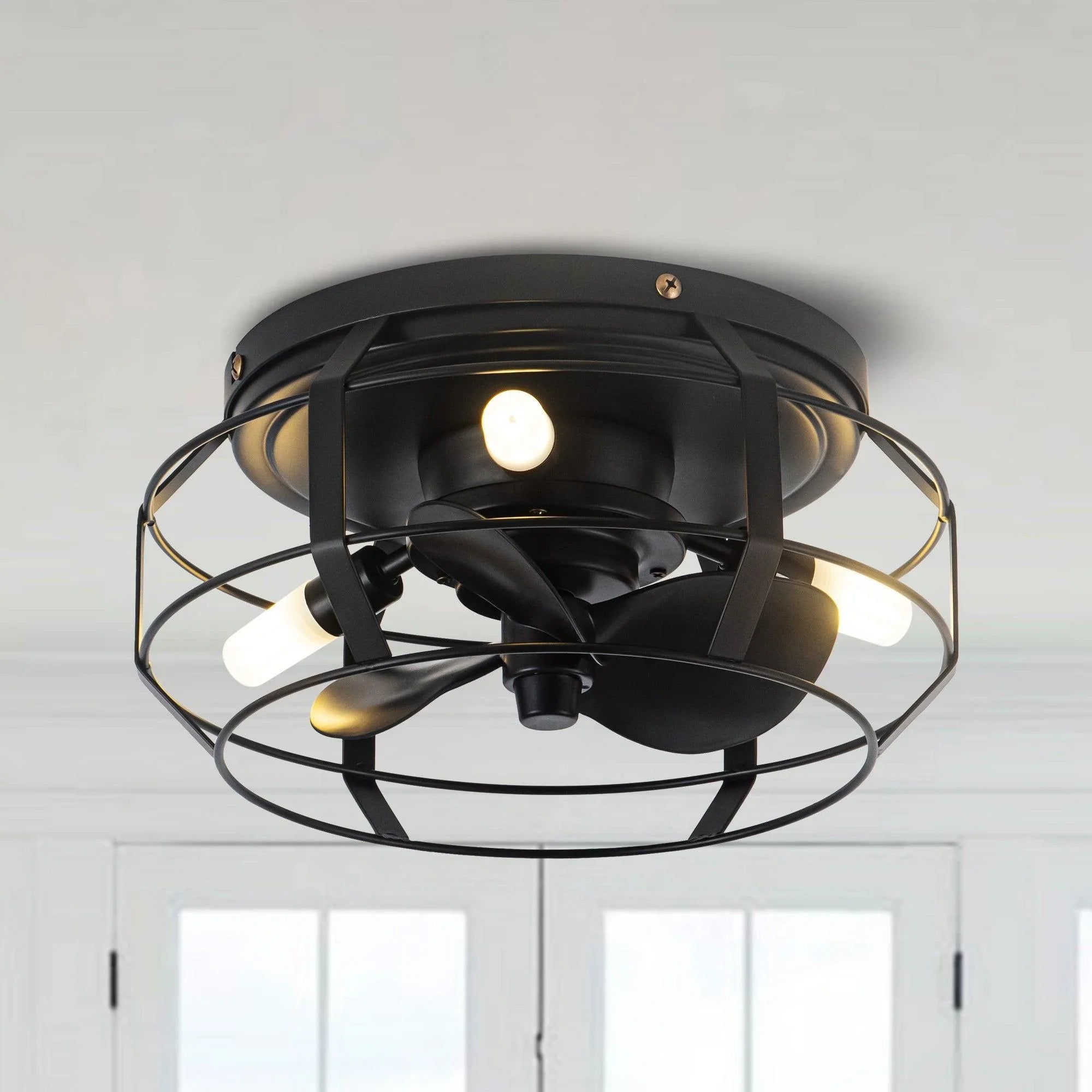12" Industrial DC Motor Satin Nickel Flush Mount Reversible Iron Ceiling Fan with Lighting and Remote Control - ParrotUncle