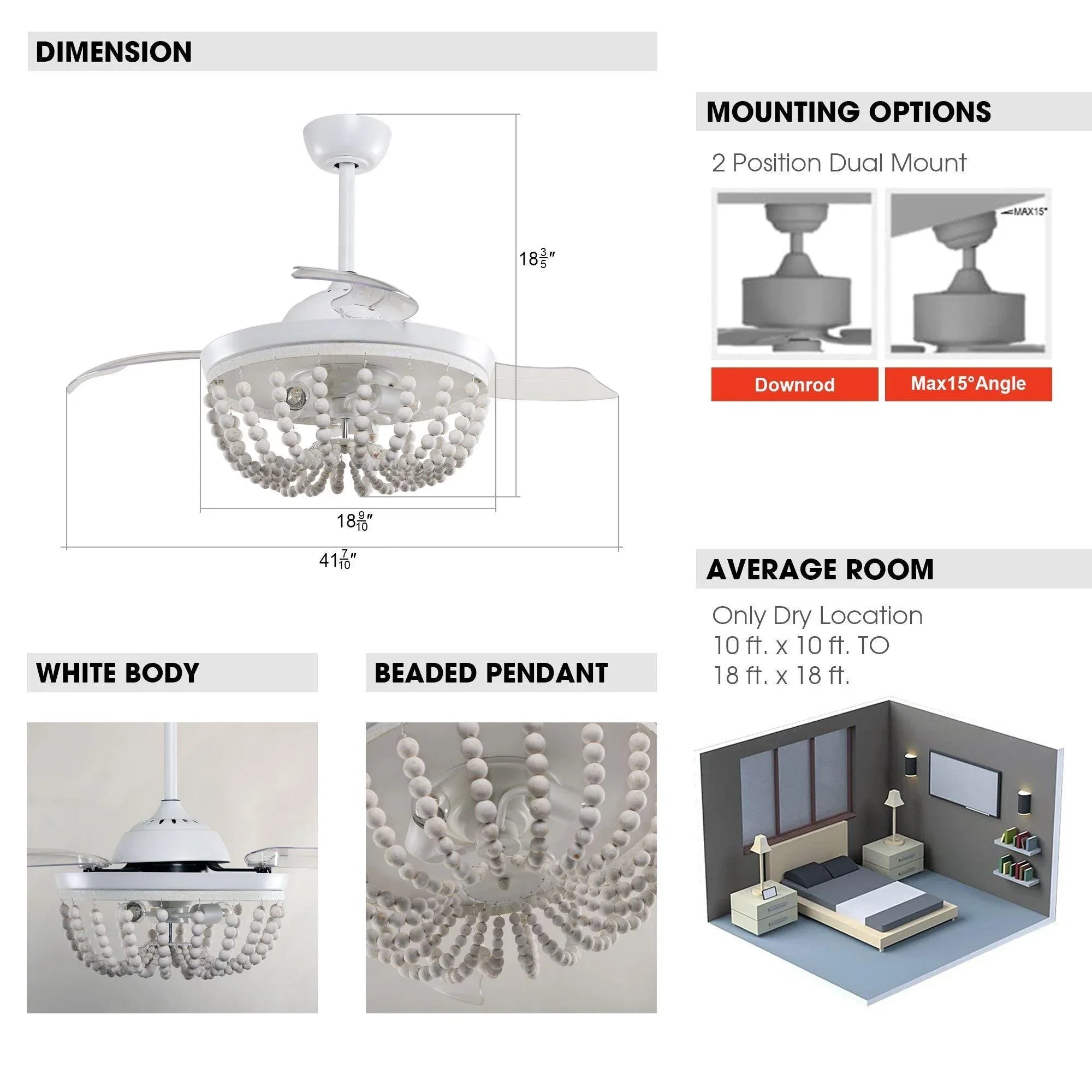 42" Huang Traditional Downrod Mount Chandelier Ceiling Fan with Lighting and Remote Control - ParrotUncle
