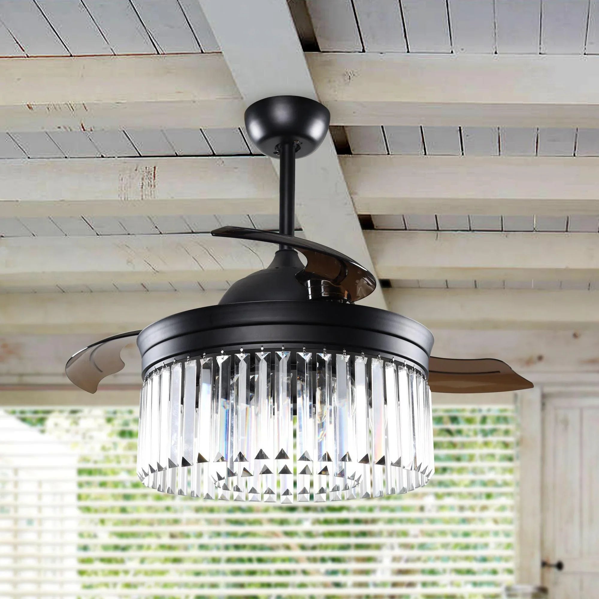 42" Industrial Downrod Mount Crystal Ceiling Fan with Lighting and Remote Control - ParrotUncle