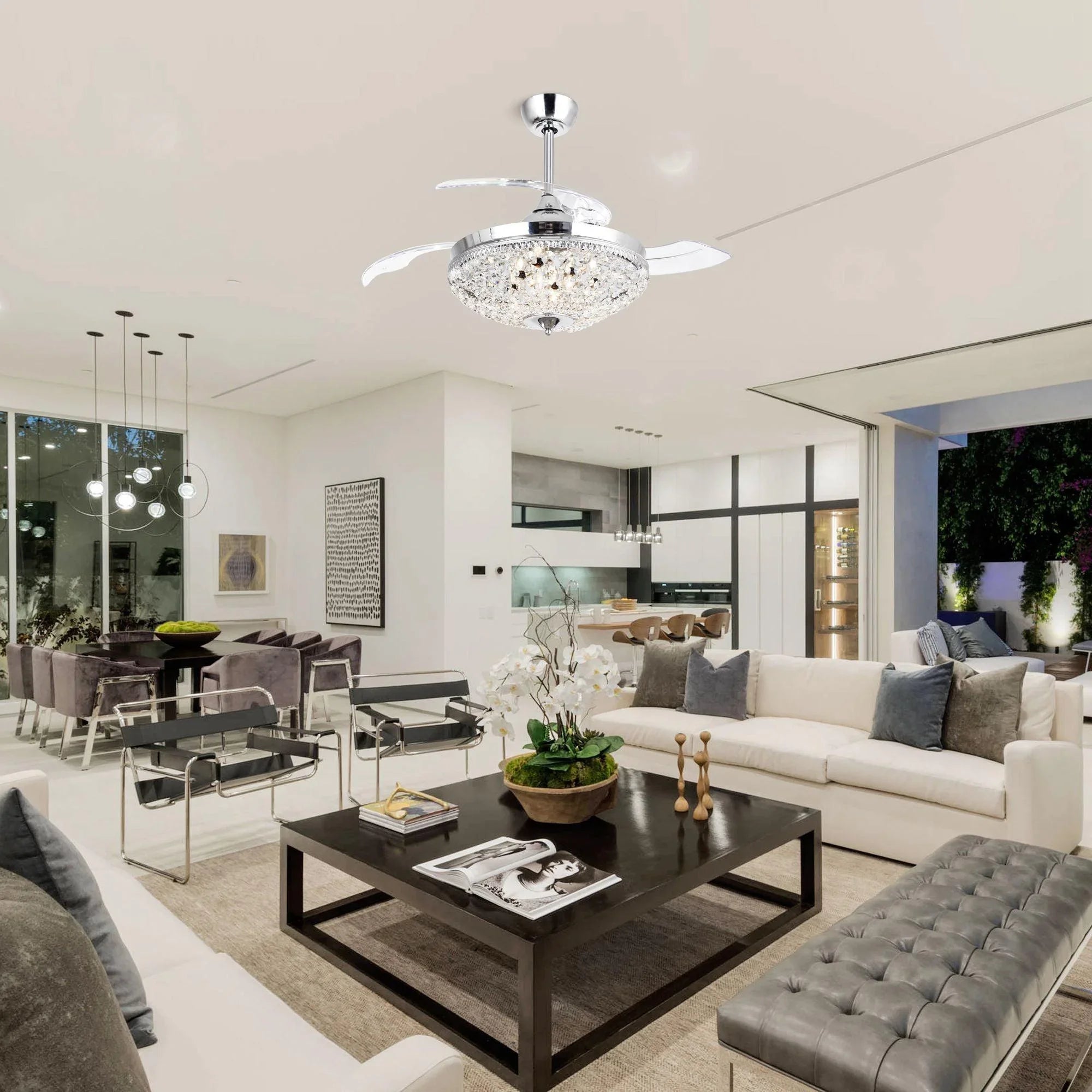 42" Servantes Modern Downrod Mount Crystal Ceiling Fan with Lighting and Remote Control - ParrotUncle
