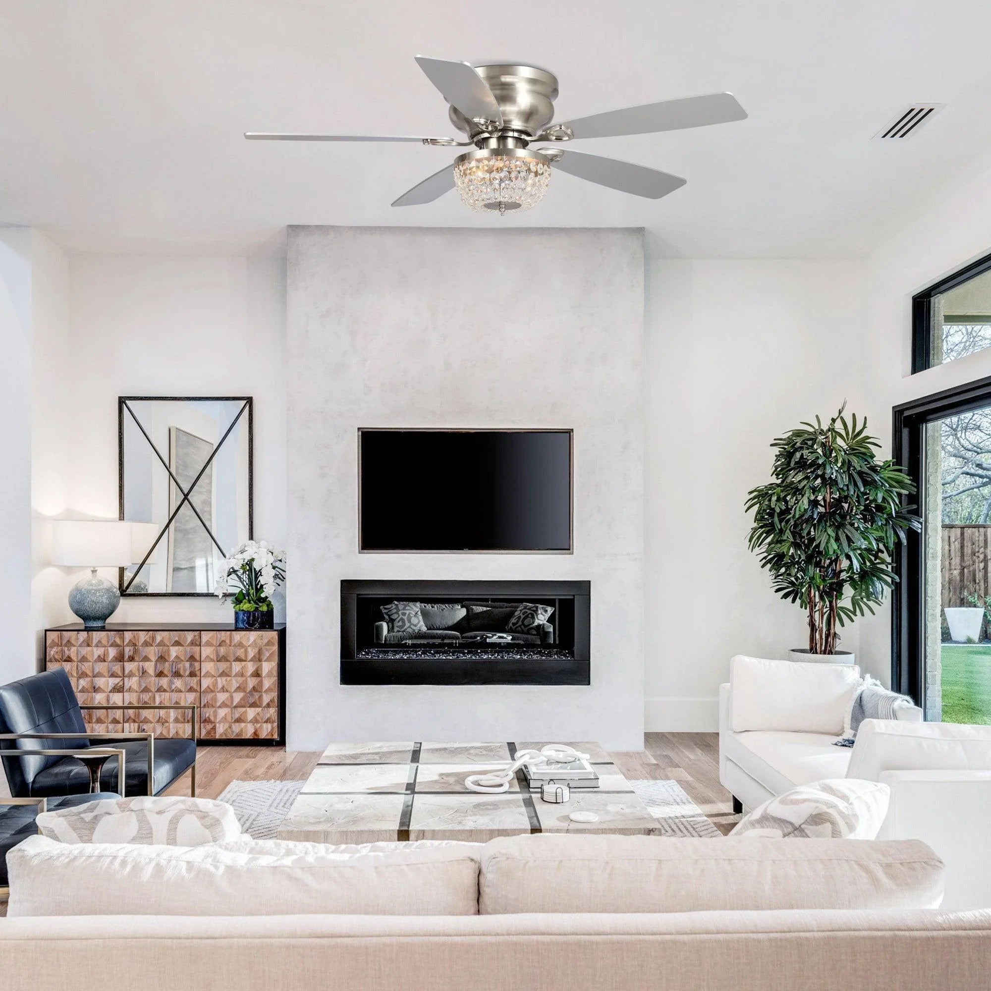 48" Modern Flush Mount Reversible Crytsal Ceiling Fan with Lighting and Remote Control - ParrotUncle