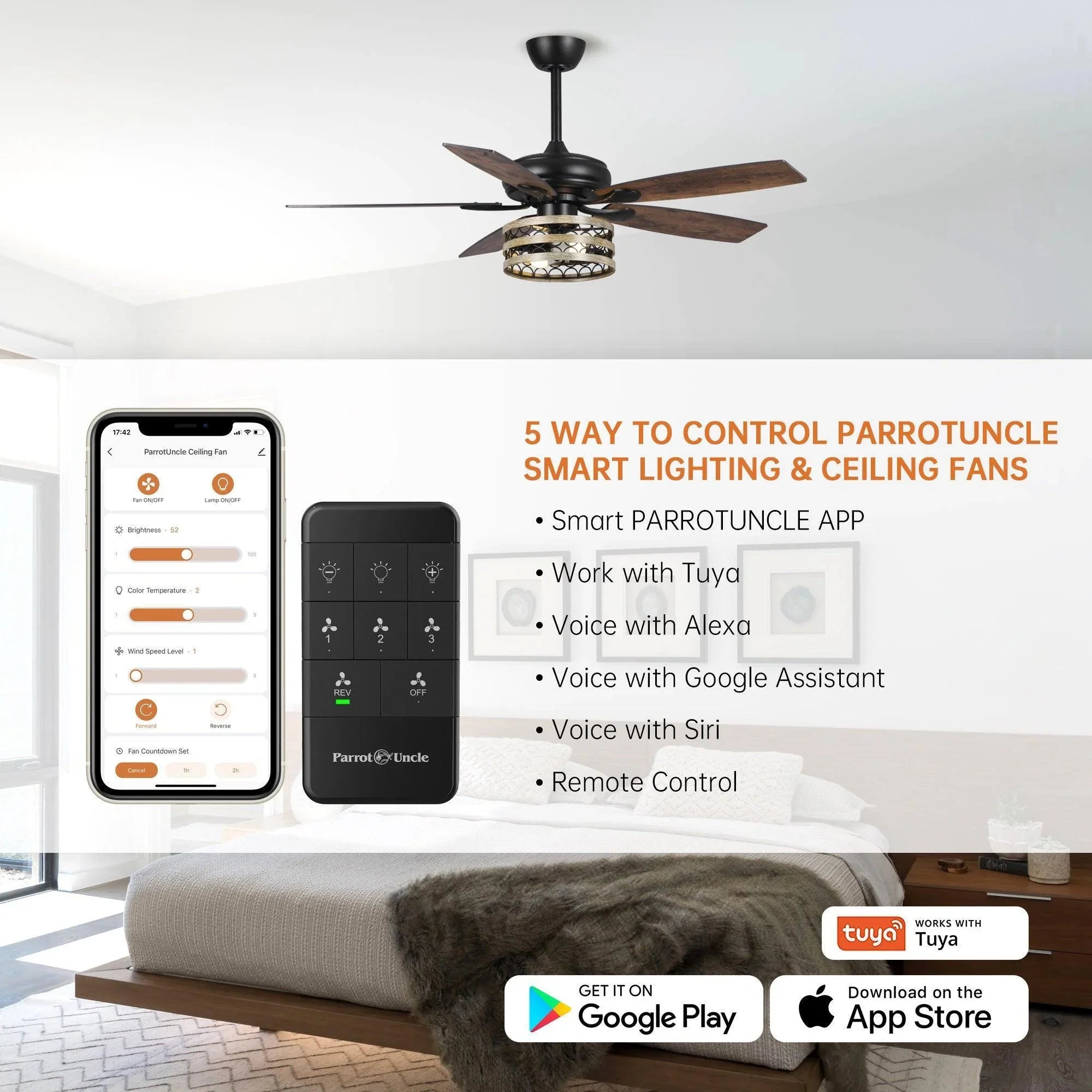 52" Alward Smart Fan with Light Kit - ParrotUncle