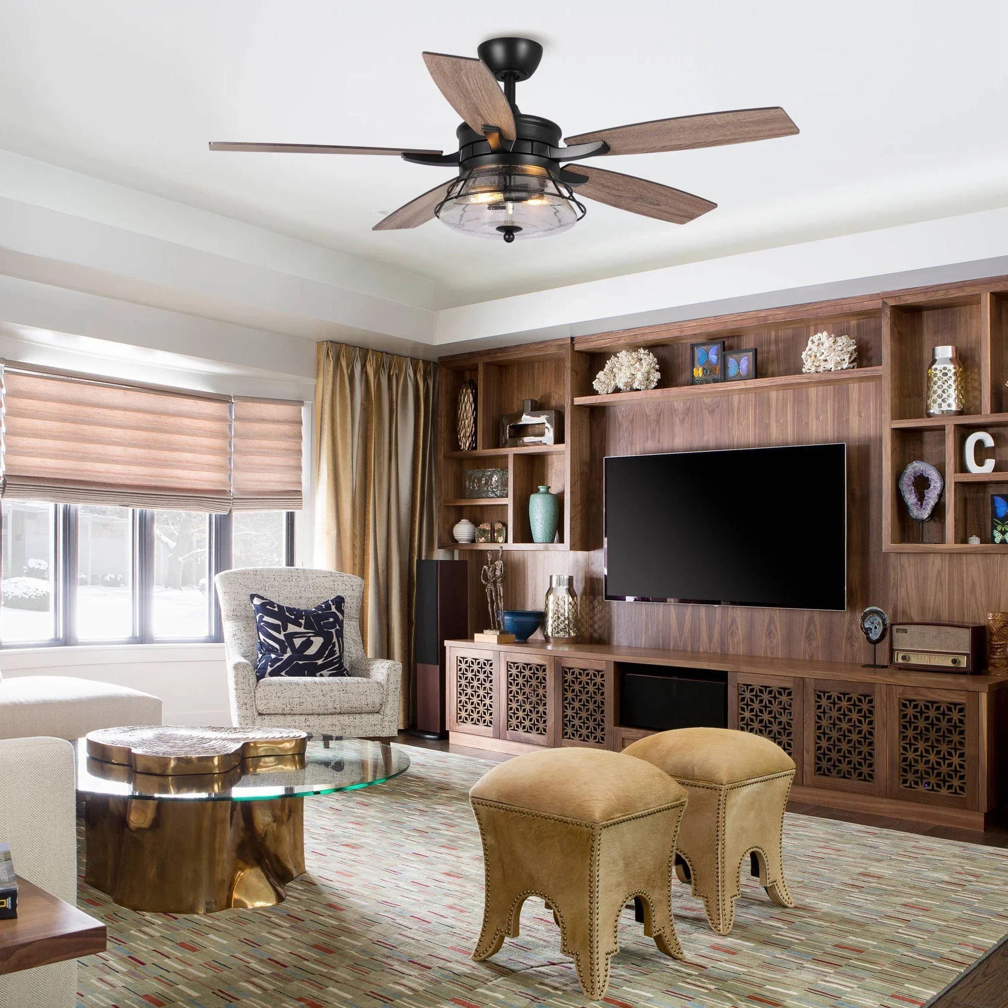 52" Antone Industrial Downrod Mount Reversible Ceiling Fan with Lighting and Remote Control - ParrotUncle