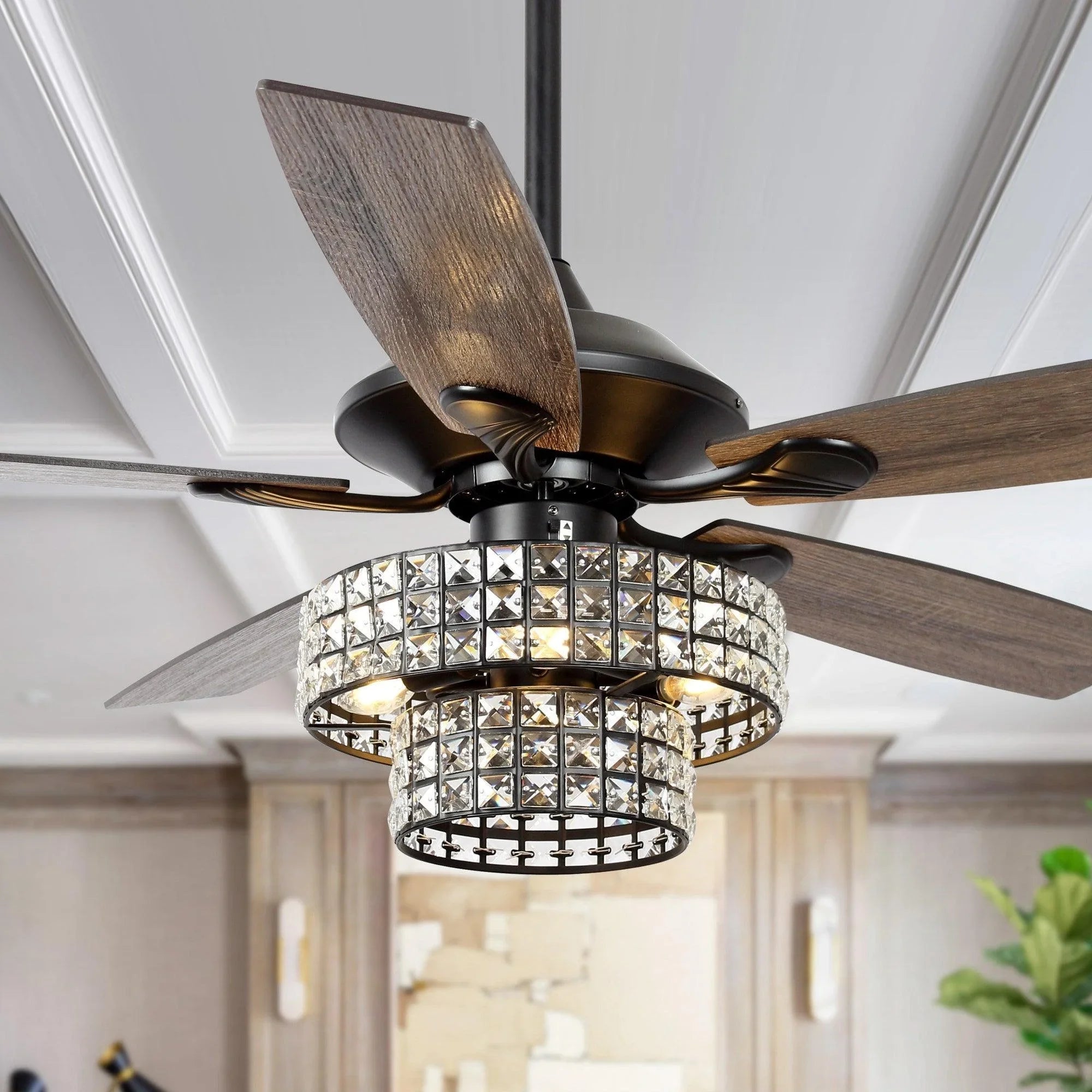 52" Howell Modern Downrod Mount Reversible Crystal Ceiling Fan with Lighting and Remote Control - ParrotUncle