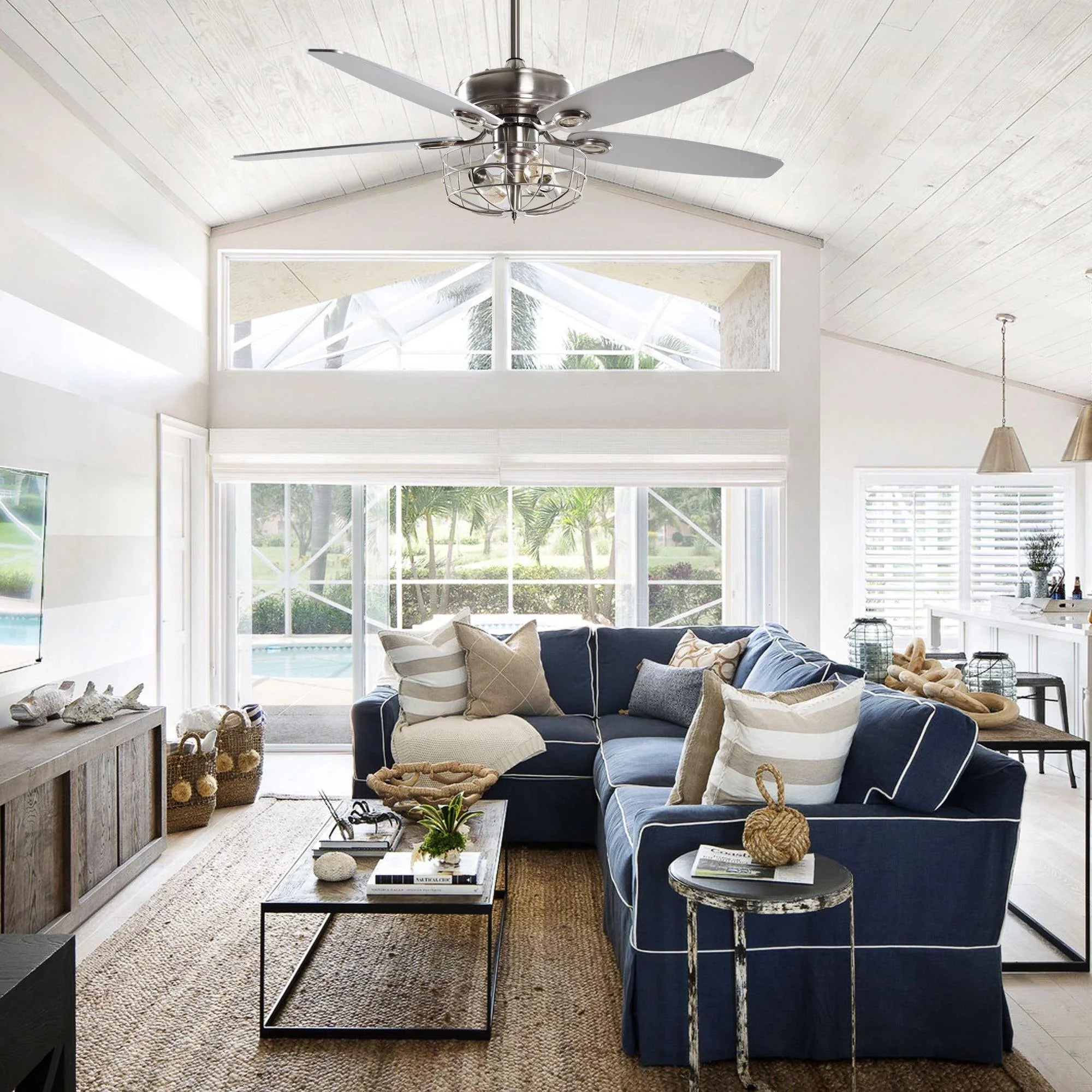 52" Kyla Industrial Brushed Nickel Reversible Caged Ceiling Fan with Lighting - ParrotUncle