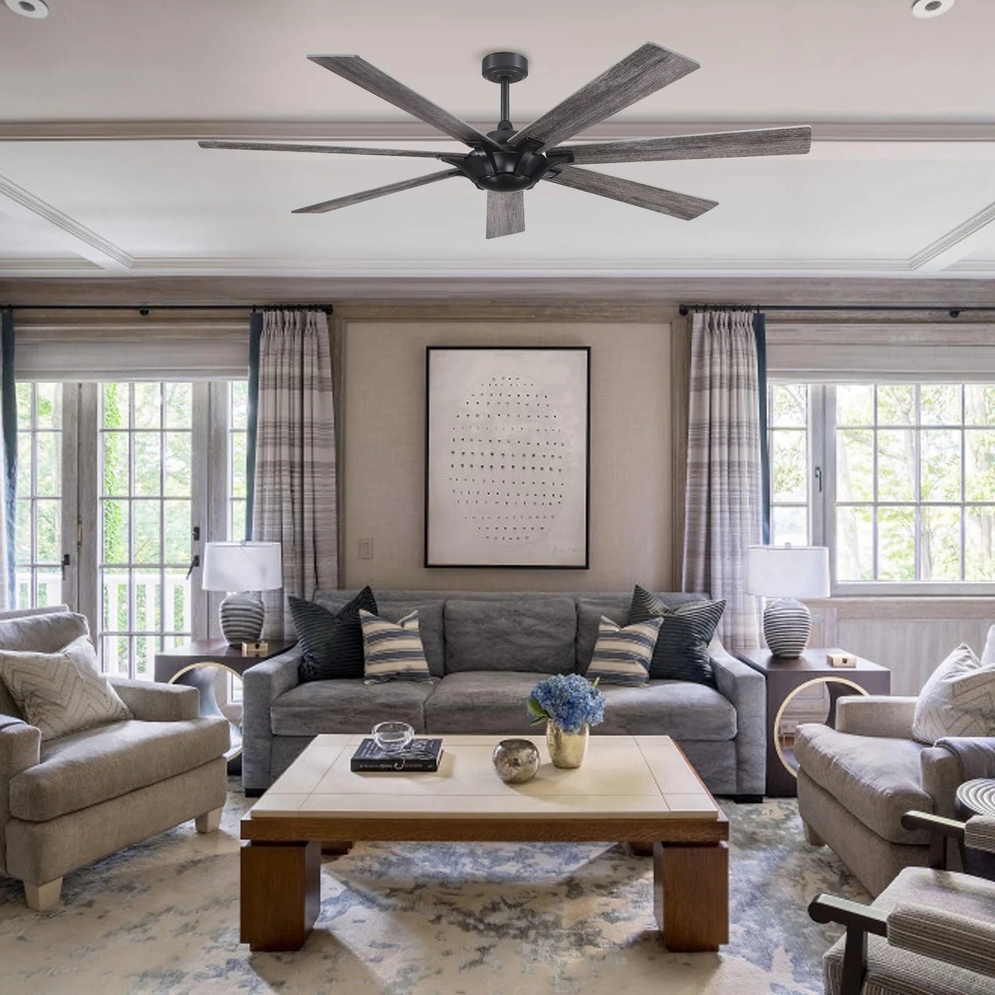 72" Modern DC Motor Brushed Nickel Downrod Mount Reversible Ceiling Fan with Remote Control - ParrotUncle